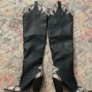 Asos public desire thighhigh faux leather cowboy boots, faux snakeskin trim